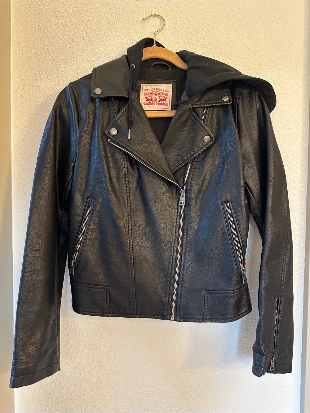 Levi's Black Faux Leather Hooded Moto-Style Jacket